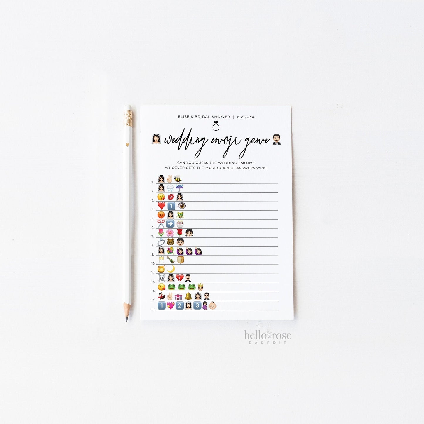 Wedding Emoji Pictionary Bridal Shower Game . Bachelorette Hens . Minimalist PRINTABLE Editable Template . Instant Download Templett M2-T