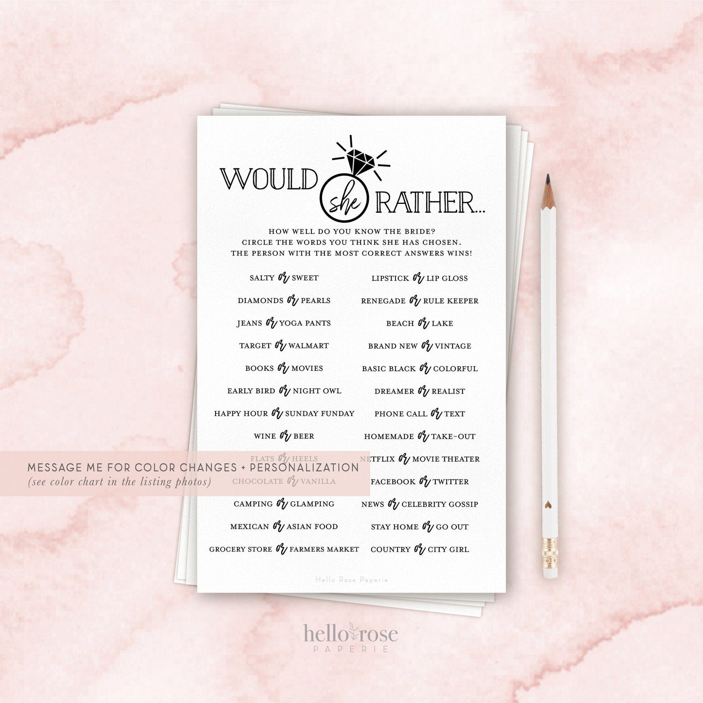 Would She Rather Bridal Shower Game . Who Knows the Bride Best . Printable Game . Black White Rustic Modern . Instant Digital Download