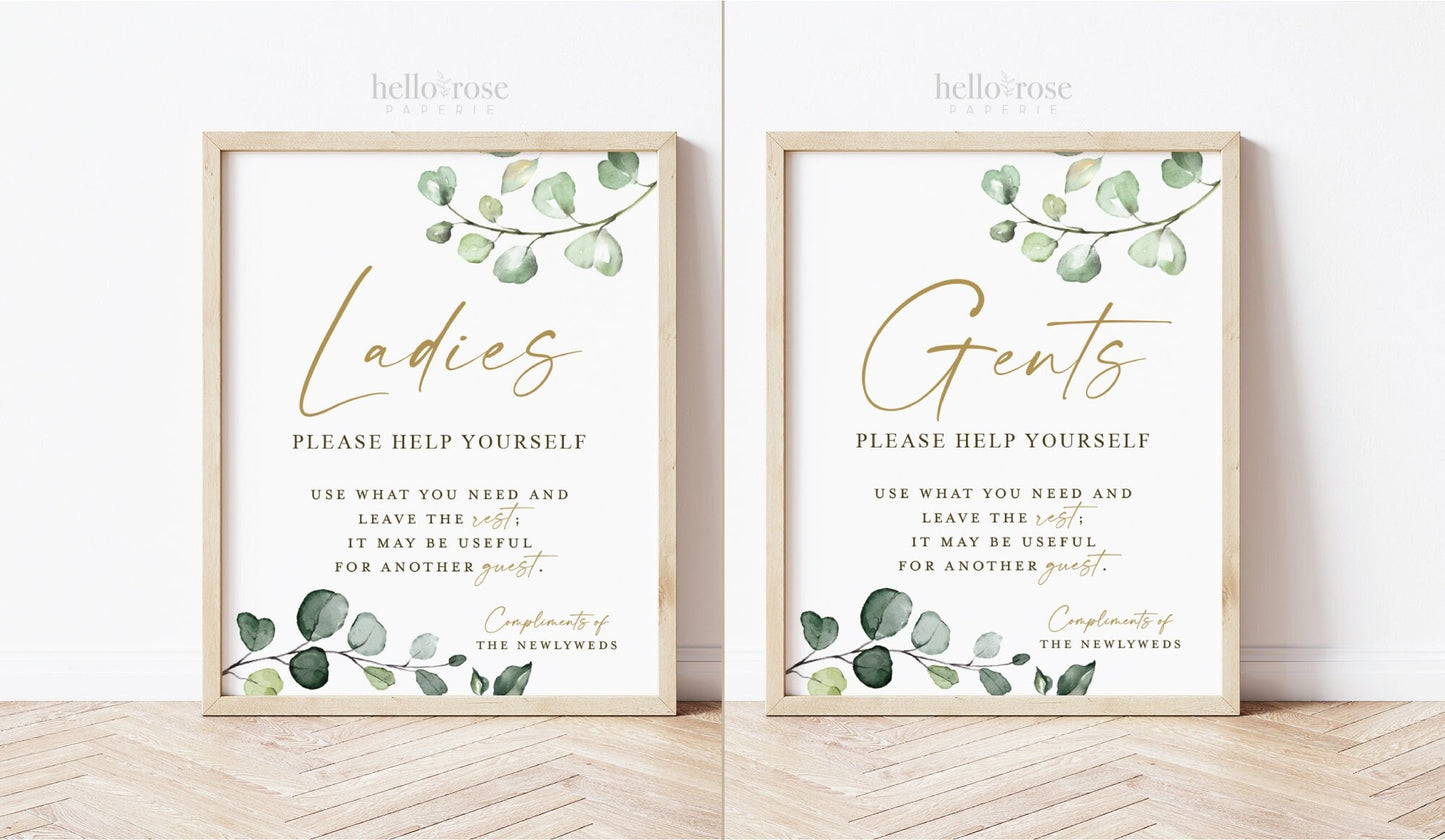 Wedding Bathroom Basket Printable Signs . Ladies and Gents Wedding Restroom . Please Help Yourself . Greenery and Gold . Instant Download G2
