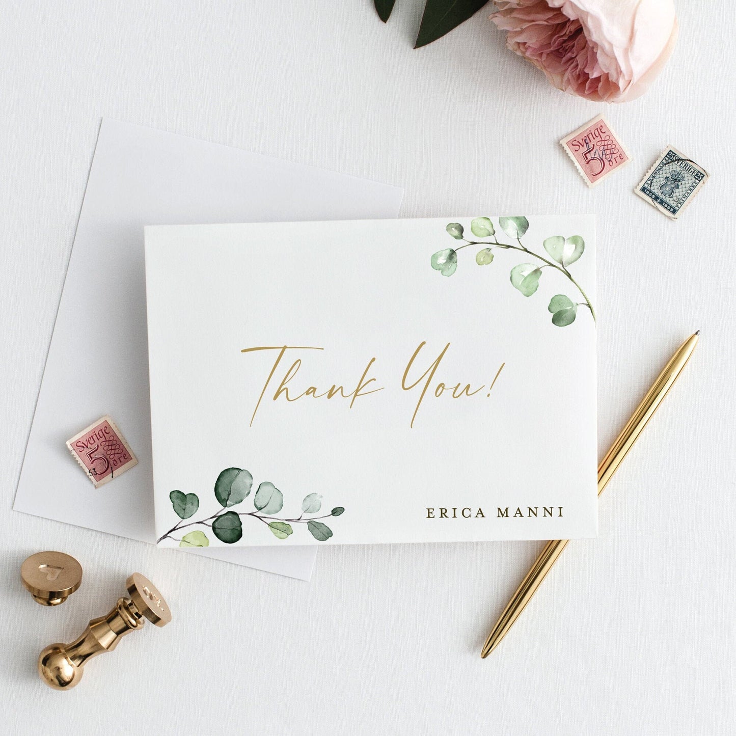 PRINTABLE Thank You Card Personalized . Greenery and Gold Eucalyptus . Folded . Baby Shower Bridal Shower Wedding Business Stationery . G2