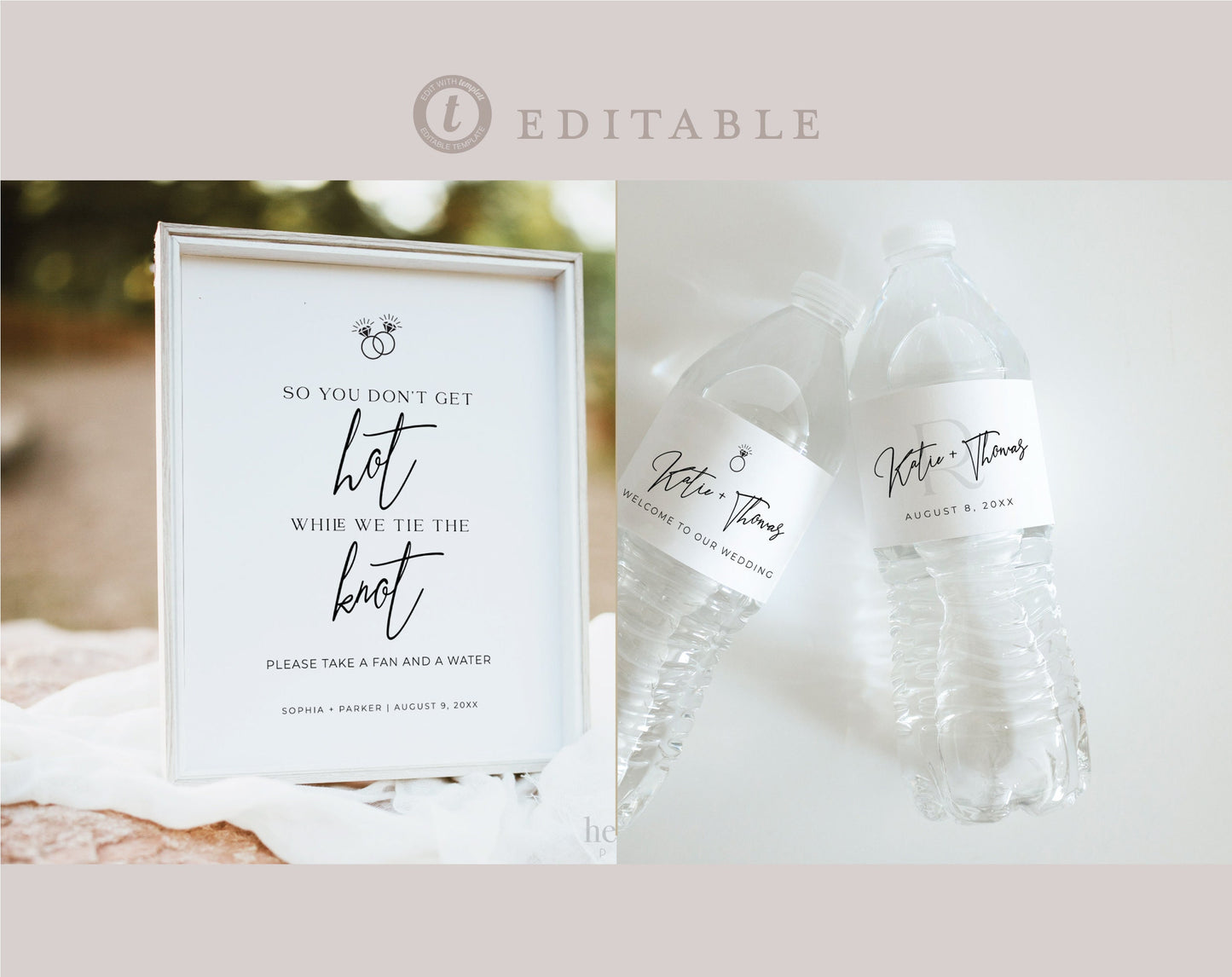 So You Don't Get Hot Take a Water Bottle Sign + Labels . Minimalist Wedding . PRINTABLE Editable Template . Instant Download Templett M2-T