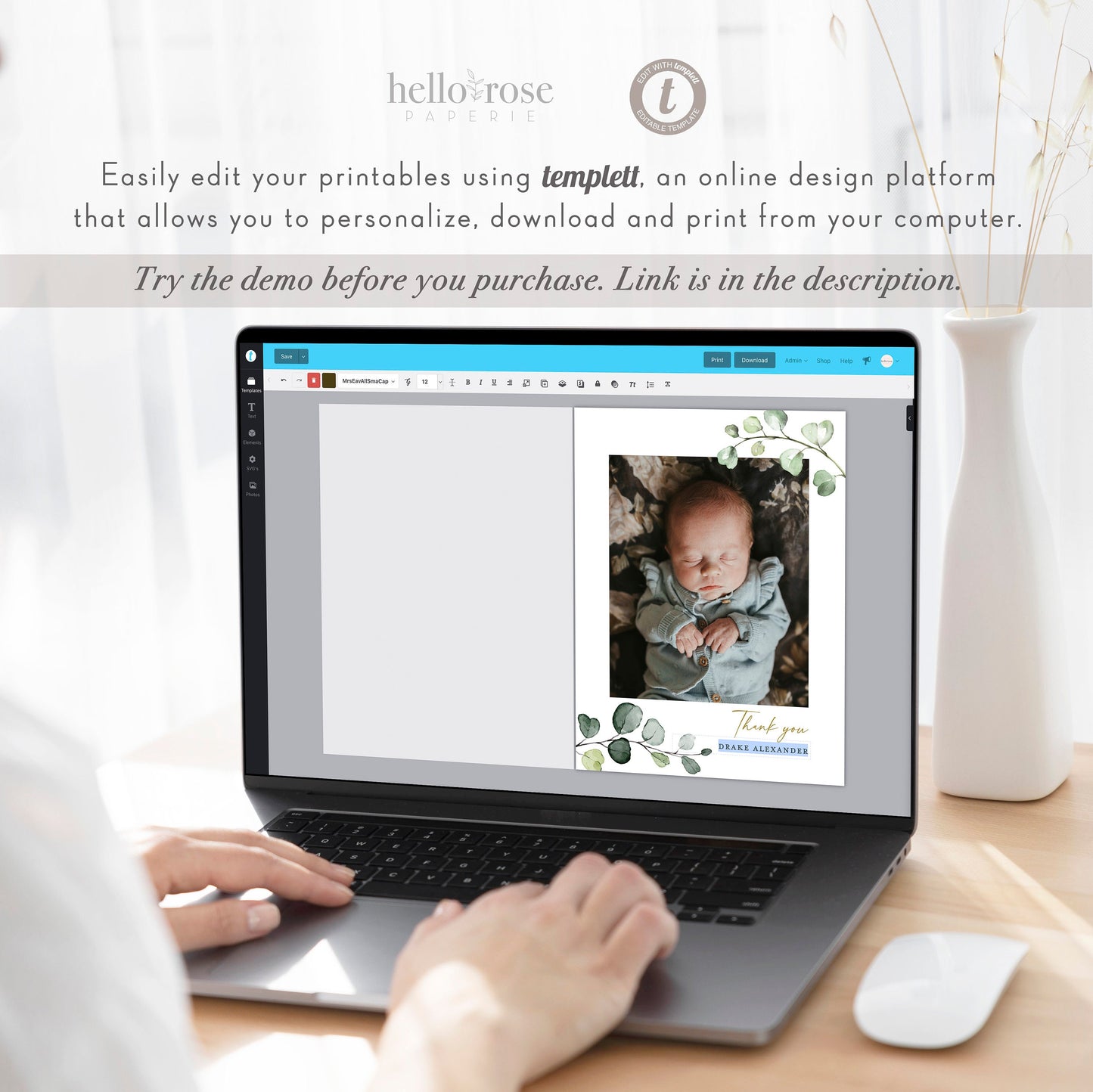 Editable Thank You Card Template with Photo . Baptism Christening Baby Shower . Greenery . PRINTABLE Templett Instant Download . G2-T