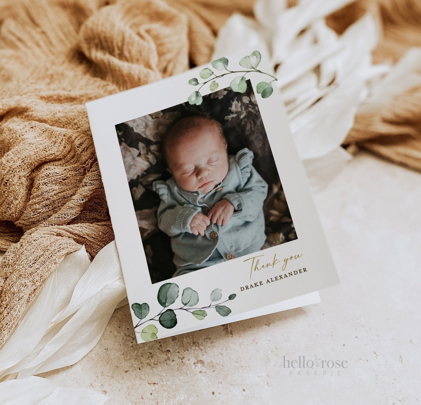 Editable Thank You Card Template with Photo . Baptism Christening Baby Shower . Greenery . PRINTABLE Templett Instant Download . G2-T