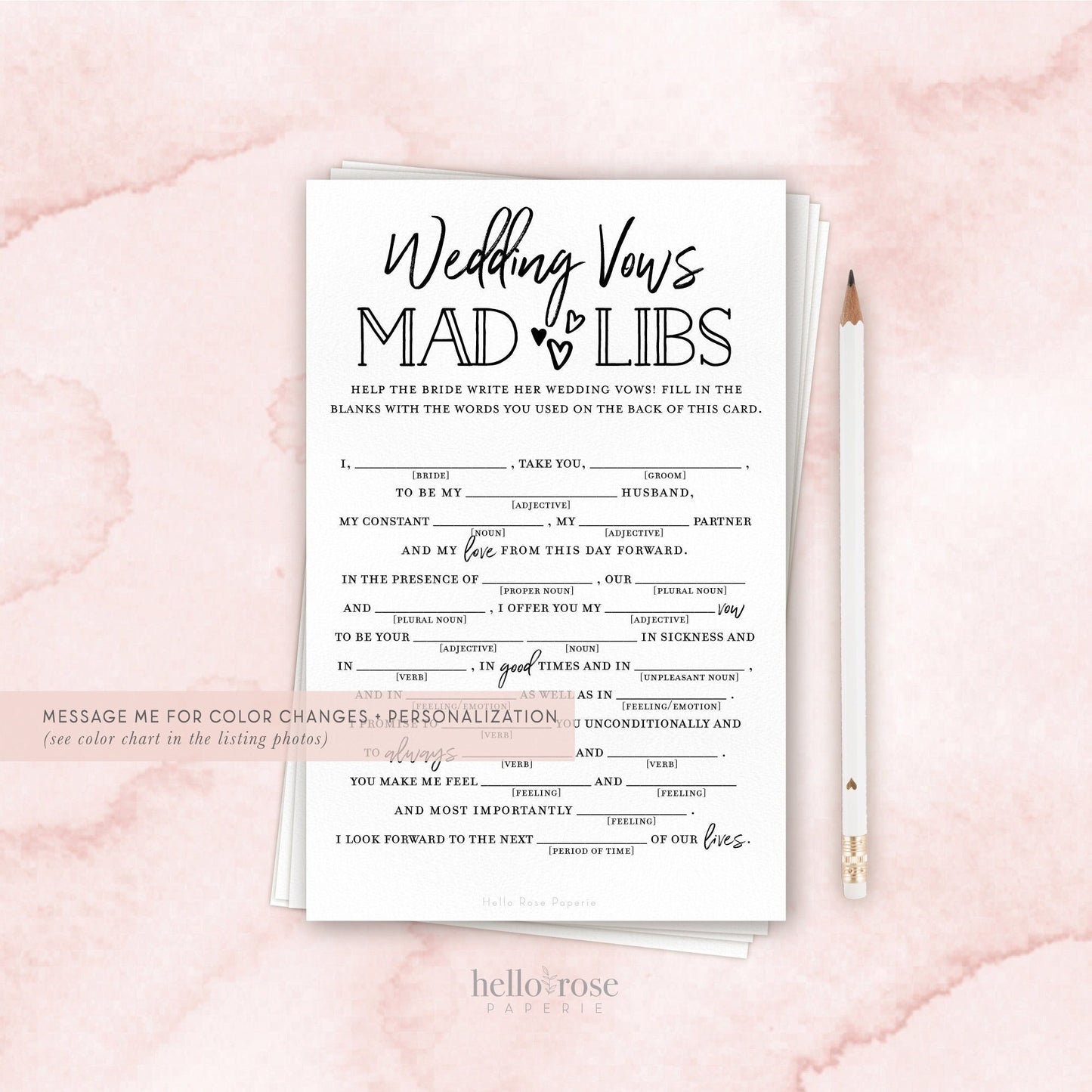 Wedding Vows Mad Libs Bridal Shower Game . Printable 2 Sided . Wedding Bachelorette Hens Party . Black and White Kraft . Instant Download