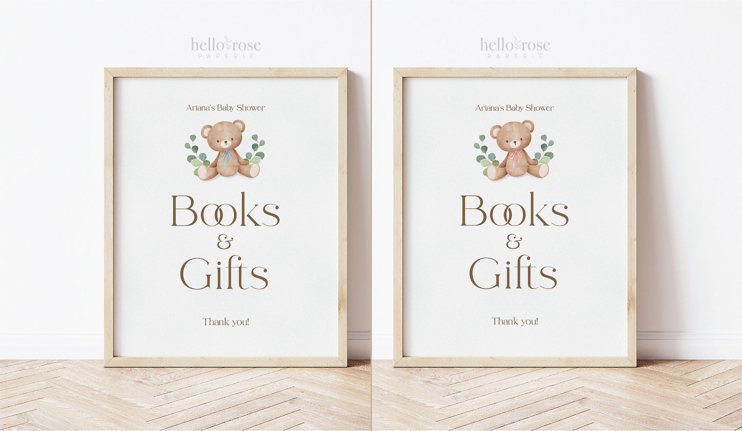 Books and Gifts Sign Template . Books for Baby . Teddy Bear Baby Shower Blue Pink Green . PRINTABLE Editable Templett Instant Download B1-T