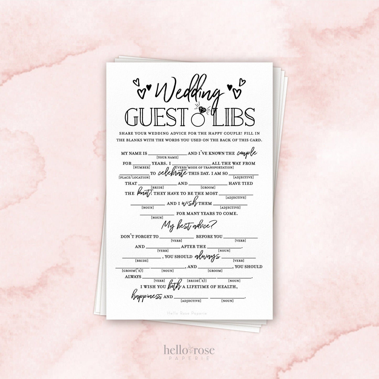Wedding Guest Libs . Printable Funny Wedding Advice Mad Libs Game . Kraft + Minimalist Black & White . Instant Download Printable