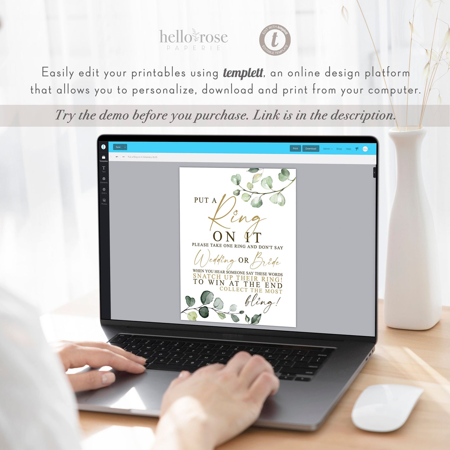 Put a Ring On It Game Sign . Bridal Shower Bachelorette Party . Greenery + Gold . PRINTABLE Editable Template Instant Download Templett G2-T
