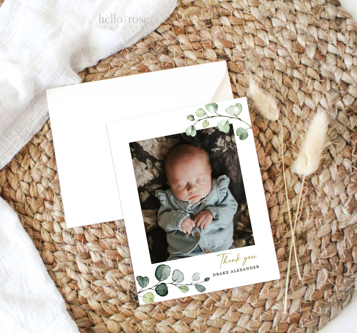 Editable Thank You Card Template with Photo . Baptism Christening Baby Shower . Greenery . PRINTABLE Templett Instant Download . G2-T
