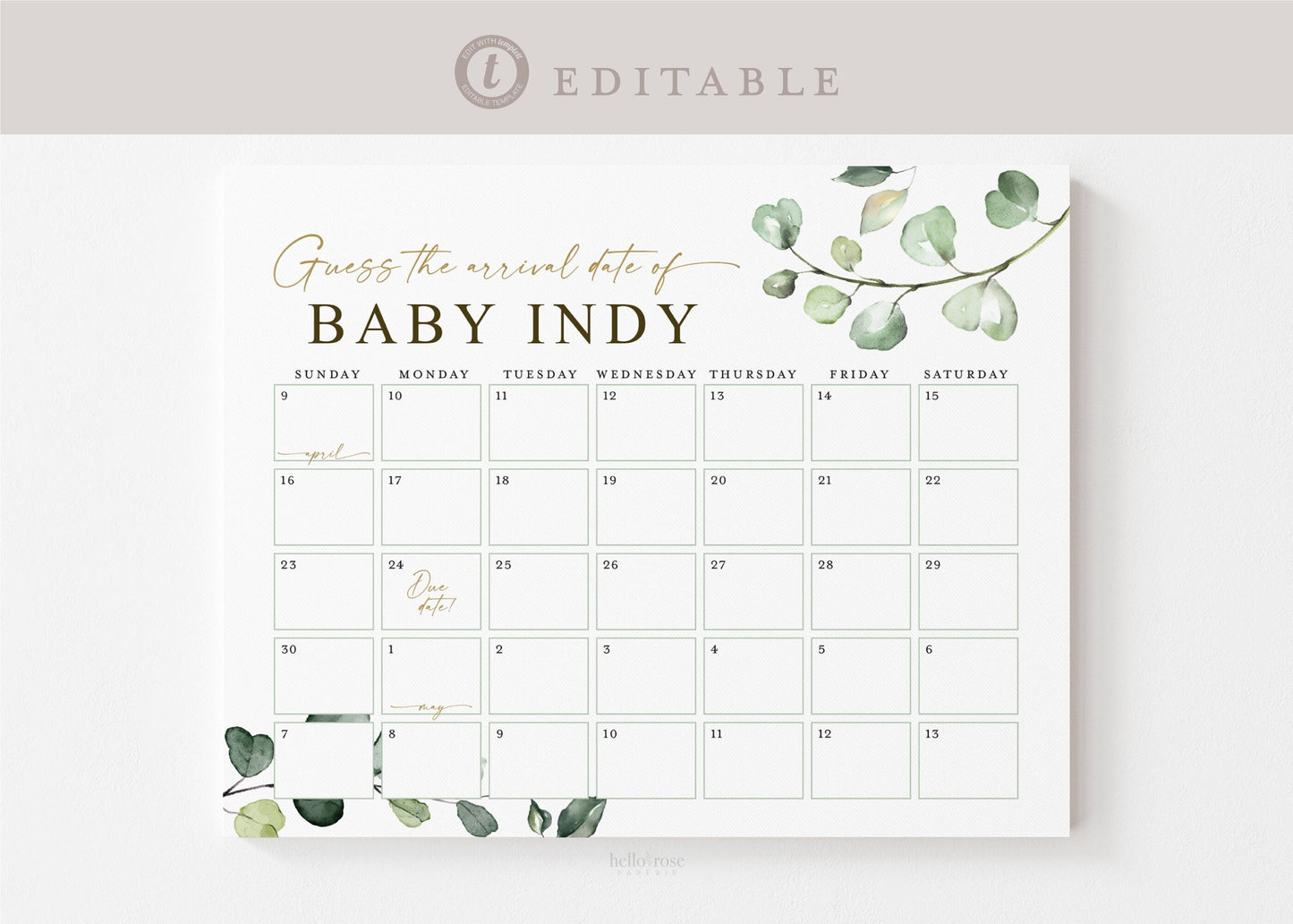Baby Due Date Calendar Printable Game . Guess the Arrival / Baby's Due Date Custom Baby Shower . Editable Download Template Templett G2-T