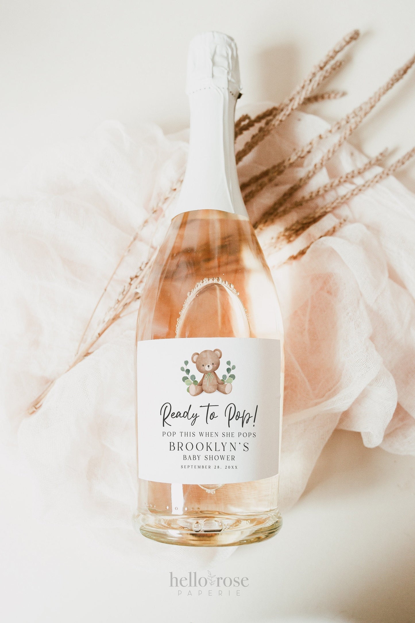 Mini Champagne Bottle Label Template . Teddy Bear Baby Shower 3 Colors Green Pink Blue . Bubbly Favors . PRINTABLE Templett Instant Download