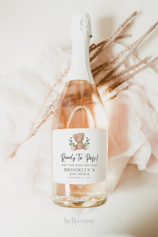 Mini Champagne Bottle Label Template . Teddy Bear Baby Shower 3 Colors Green Pink Blue . Bubbly Favors . PRINTABLE Templett Instant Download