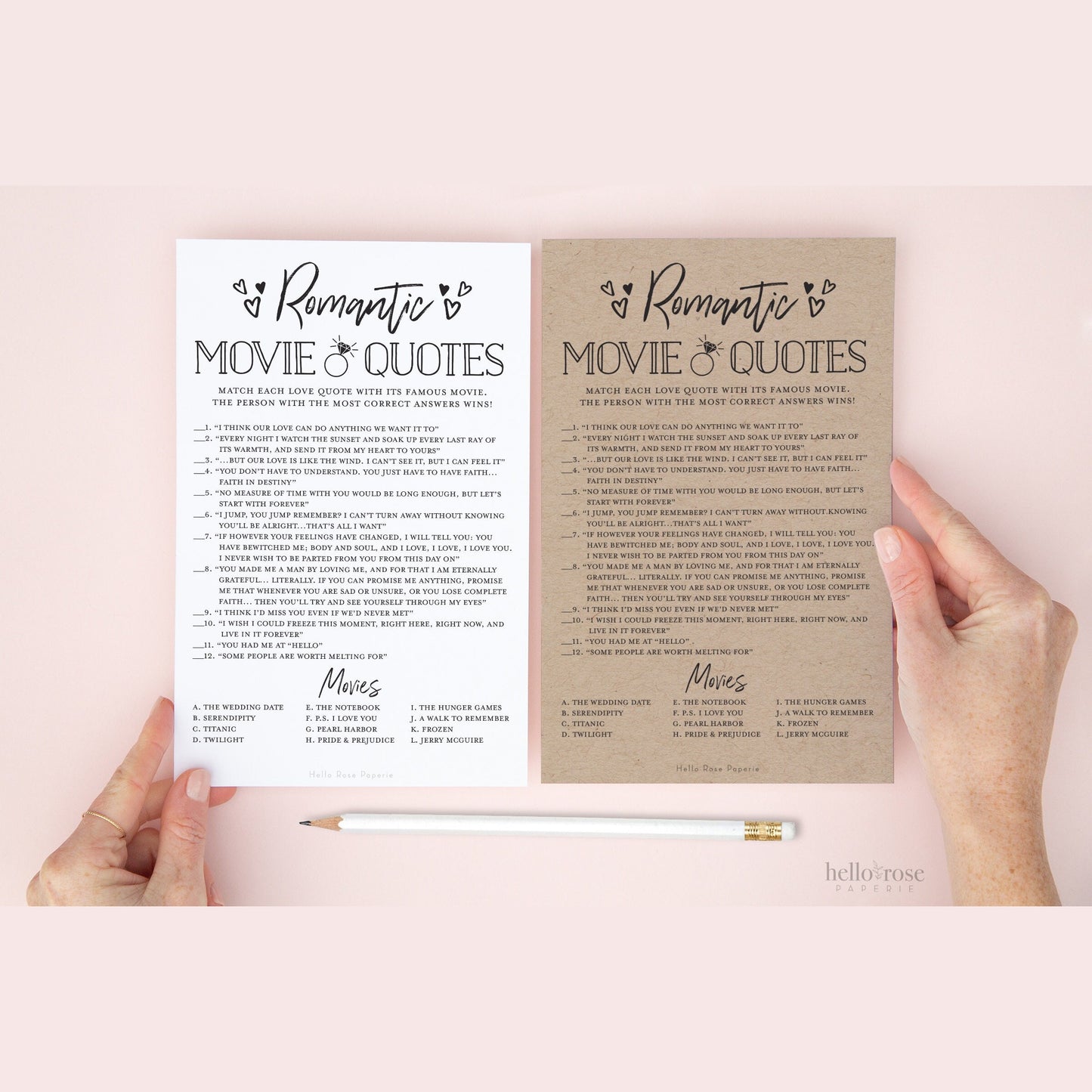 Romantic Movie Love Quotes Printable Game . Bridal Shower Wedding Bachelorette . Kraft + Minimalist Black + White . Digital Instant Download