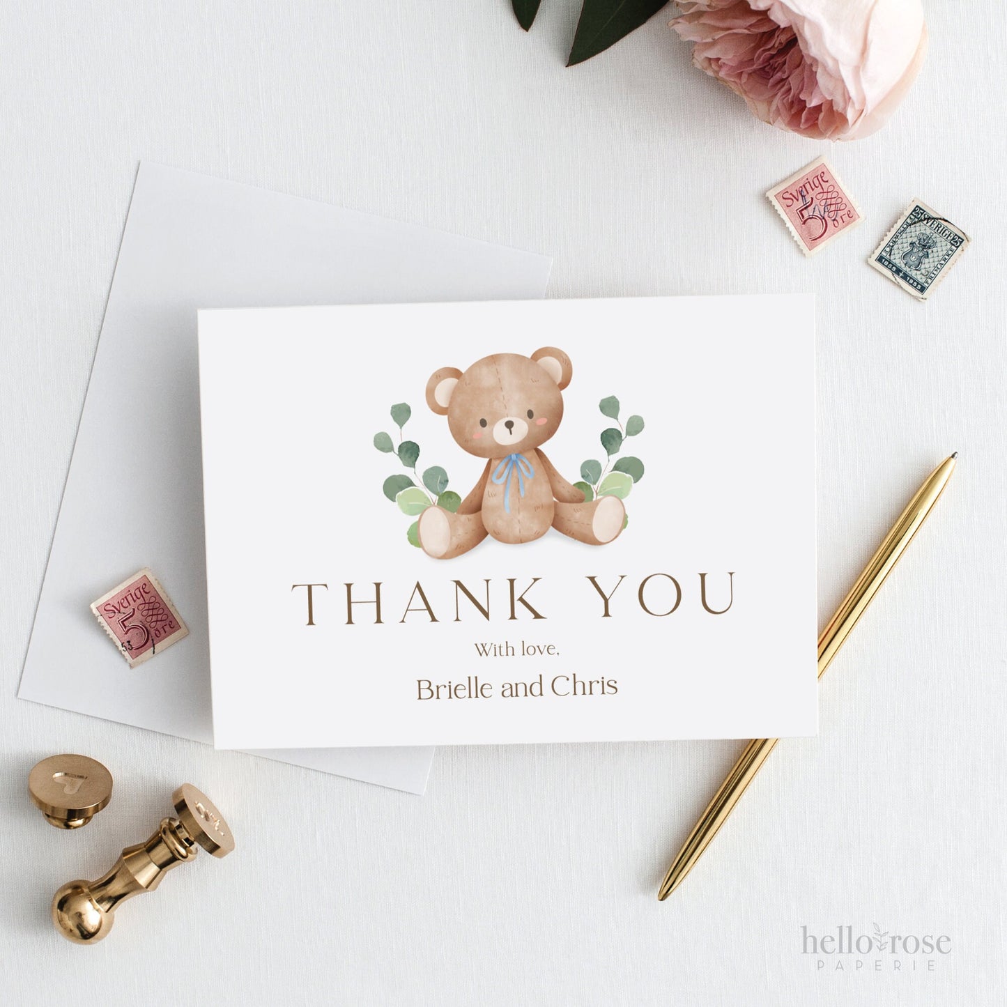 Thank You Card Teddy Bear Editable Template . Bear with Greenery Green Pink Blue Baby Shower . PRINTABLE Templett Instant Download . P2-T