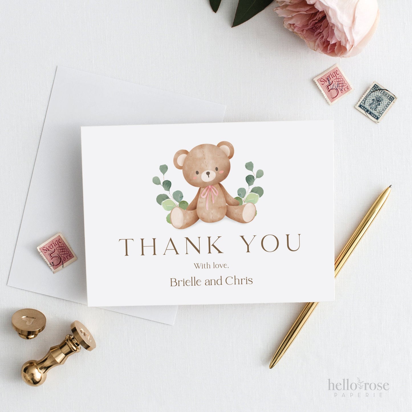 Thank You Card Teddy Bear Editable Template . Bear with Greenery Green Pink Blue Baby Shower . PRINTABLE Templett Instant Download . P2-T