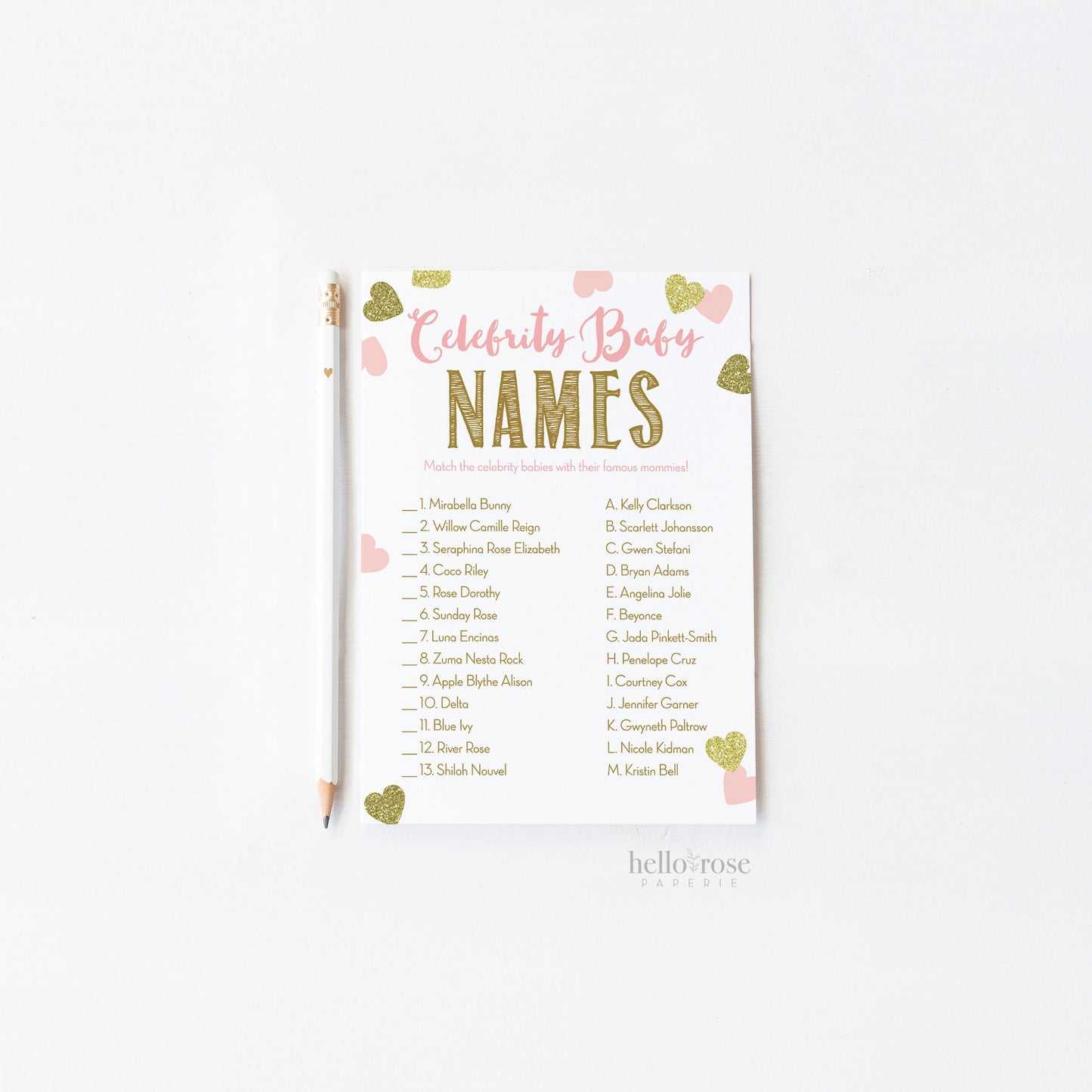 Celebrity Baby Name Shower Game and Answers . Pink and Gold Girl Baby Shower . Fun Game for Large Groups . Printable Instant Download