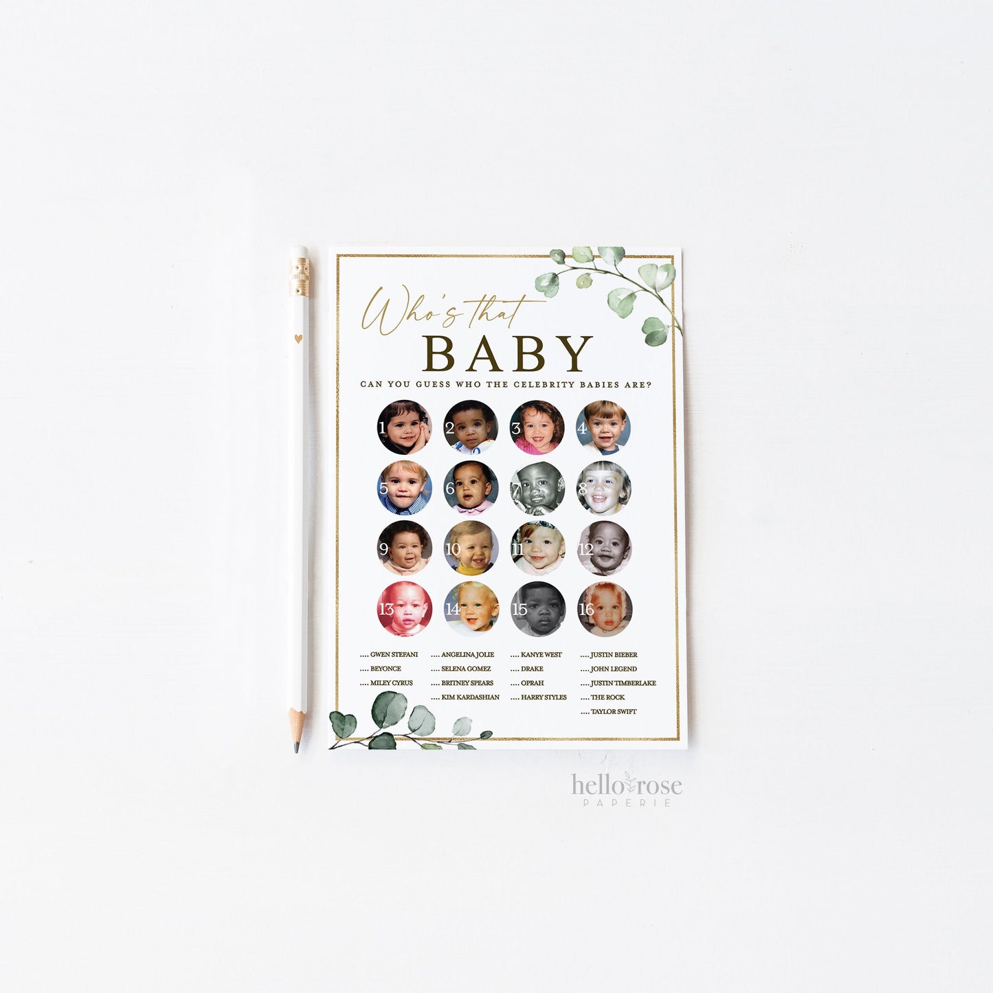 Who's That Celebrity Baby PRINTABLE Baby Shower Game . Greenery and Gold . Instant Download . G2
