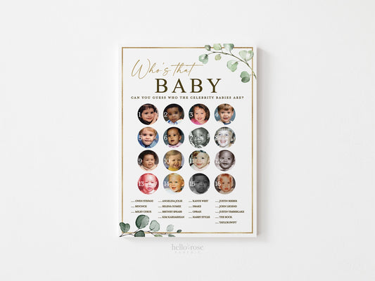 Who's That Celebrity Baby PRINTABLE Baby Shower Game . Greenery and Gold . Instant Download . G2