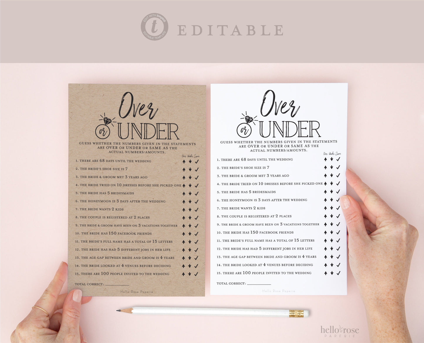 Over or Under PRINTABLE Game . Bridal Shower Wedding Couples Rehearsal Party . Kraft + Minimalist . Editable Template Download Templett