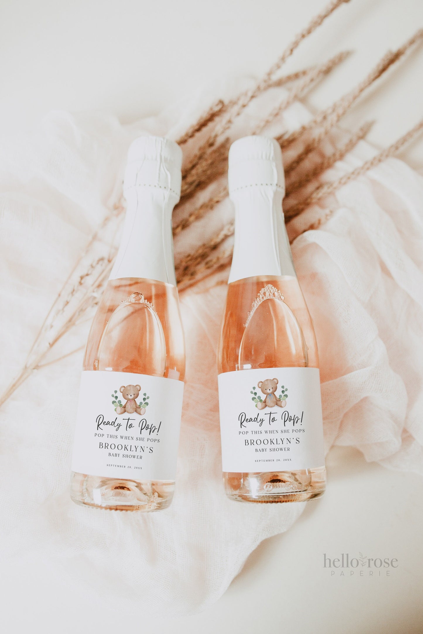 Mini Champagne Bottle Label Template . Teddy Bear Baby Shower 3 Colors Green Pink Blue . Bubbly Favors . PRINTABLE Templett Instant Download