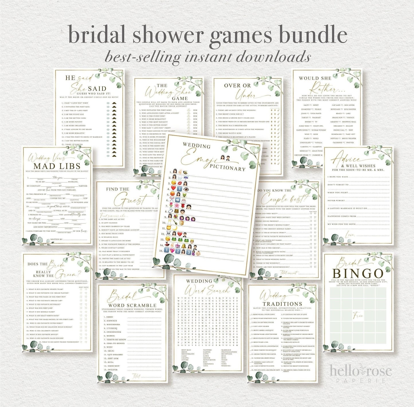 PRINTABLE Bridal Shower Games Bundle . 14 Best Selling Games of 2022 . Instant Digital Download Printable Package . Greenery & Gold G2