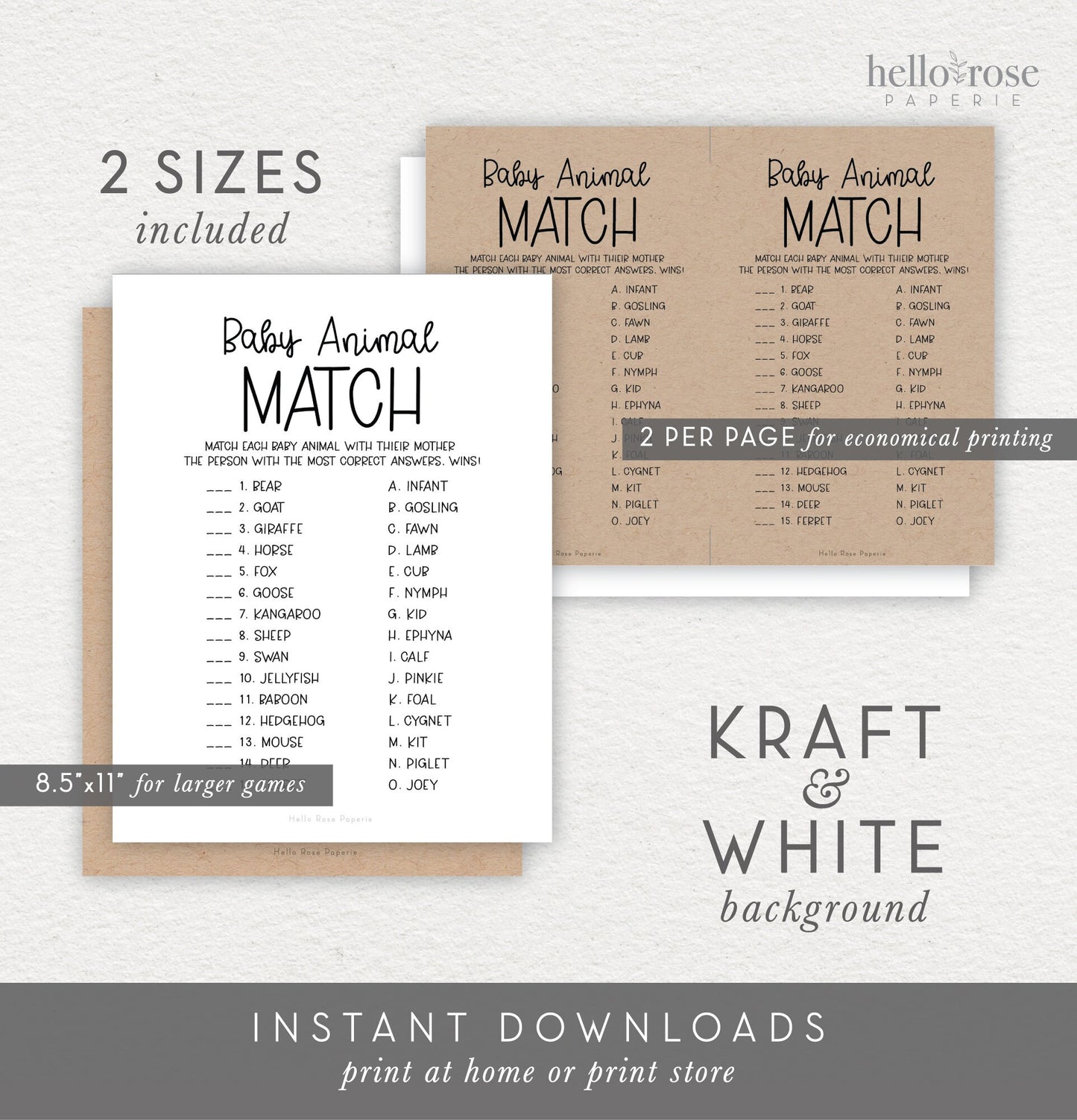 Baby Animal Match Game . Baby Shower Trivia Game . Boy Girl Neutral . Kraft + Minimalist Black & White . Instant Download PDF K4