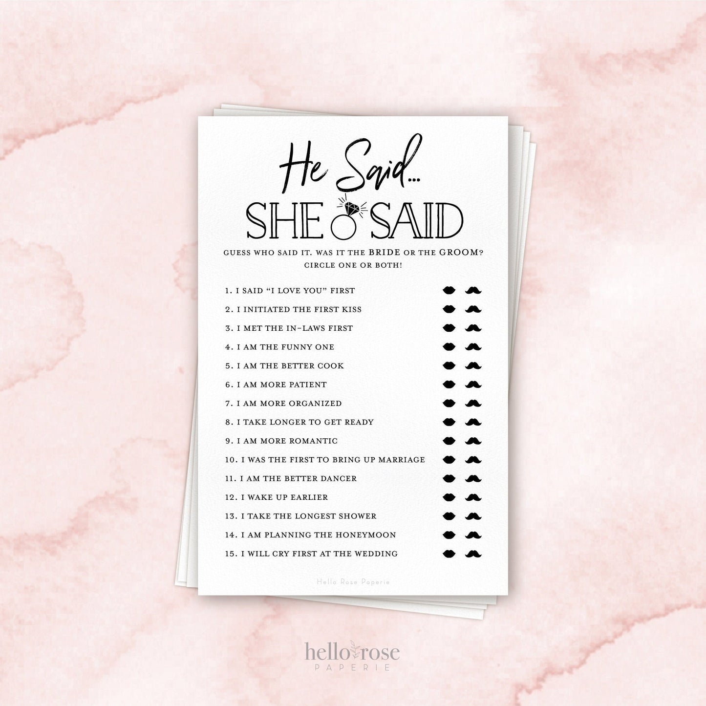 He Said She Said Bridal Shower Printable Game . Who Knows the Bride and Groom Best . Black White Kraft Modern . Instant Digital Download