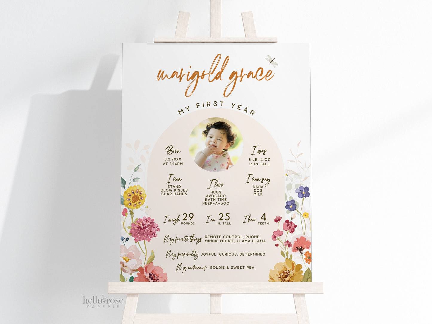 First Birthday Milestone Sign with Photo Template . Wildflowers . PRINTABLE Editable Poster . Instant Download Templett