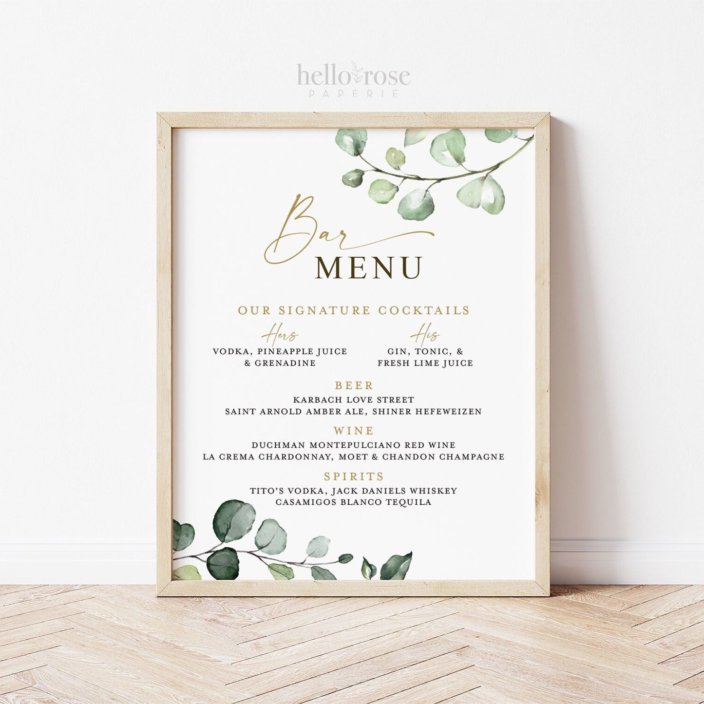 Wedding Bar Menu Sign . Greenery + Gold . Wedding Engagement Bridal Baby Shower Bachelorette Party . Template Instant Download Templett G2-T
