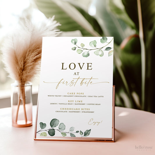 Love at First Bite Menu Sign . Greenery + Gold . Wedding Engagement Rehearsal Bridal Shower . Template Instant Download Templett G2-T