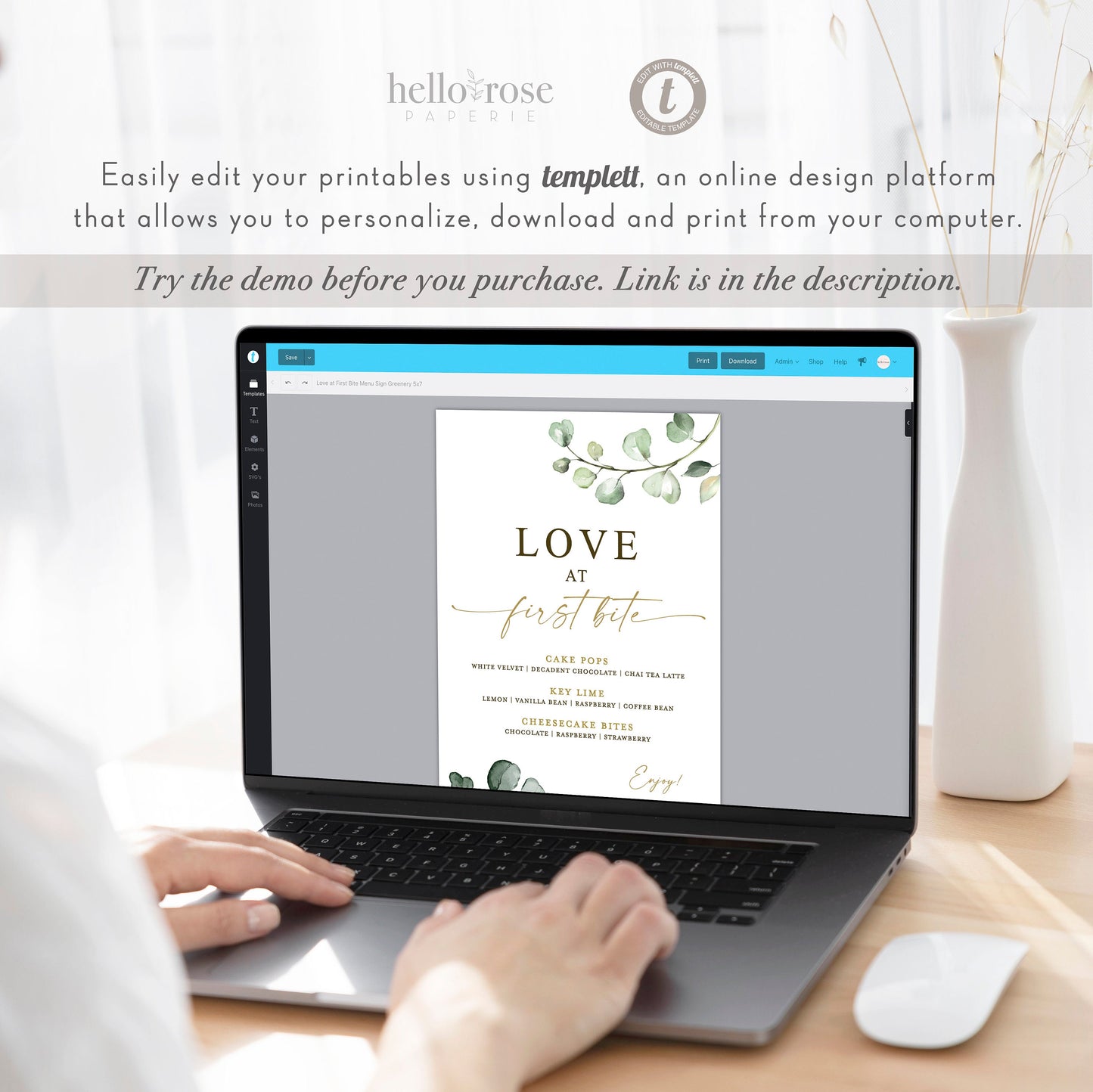 Love at First Bite Menu Sign . Greenery + Gold . Wedding Engagement Rehearsal Bridal Shower . Template Instant Download Templett G2-T
