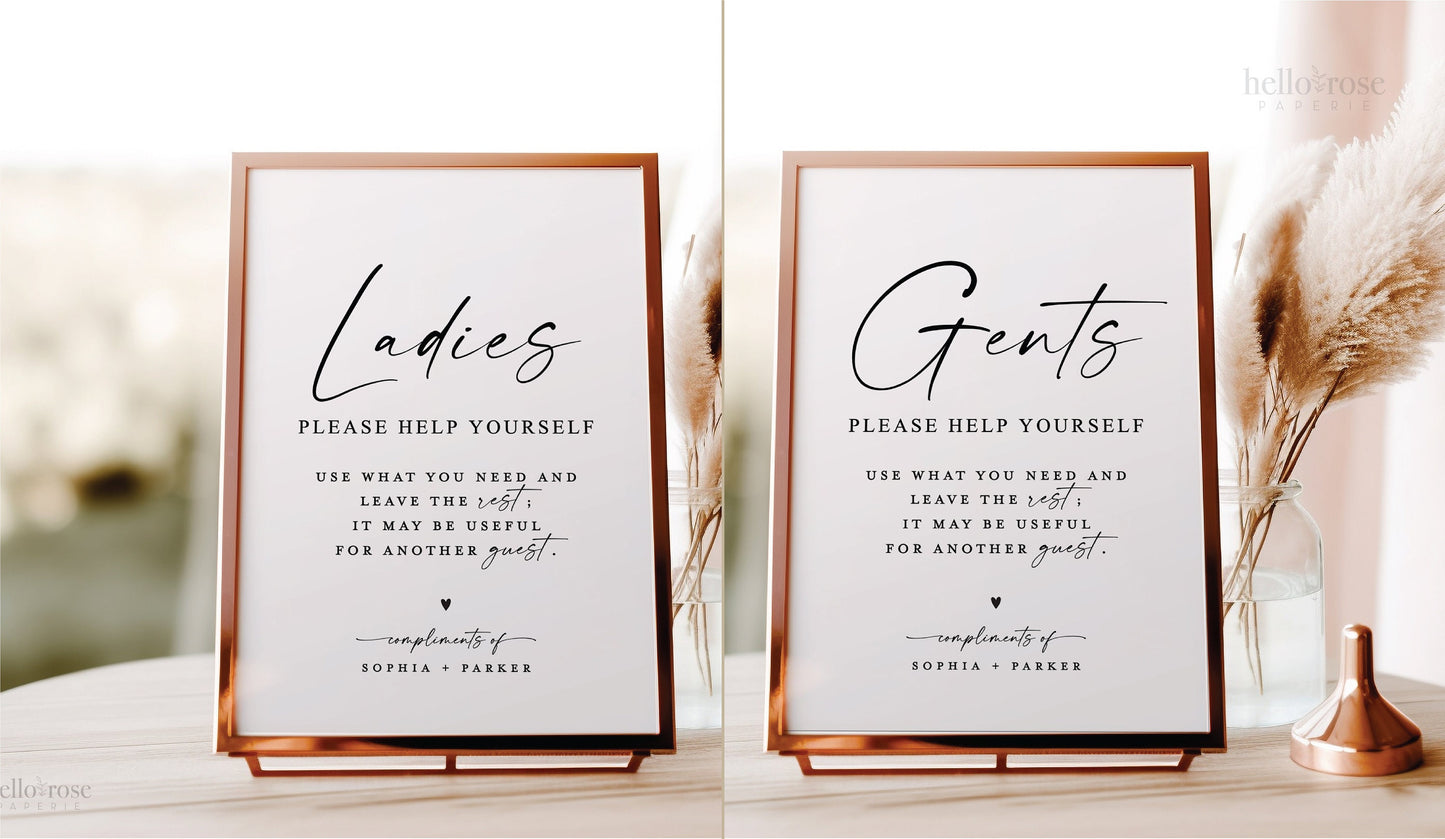 Wedding Bathroom Basket Printable Signs . Ladies and Gents Wedding Restroom . Please Help Yourself . Template Instant Download Templett SM-T