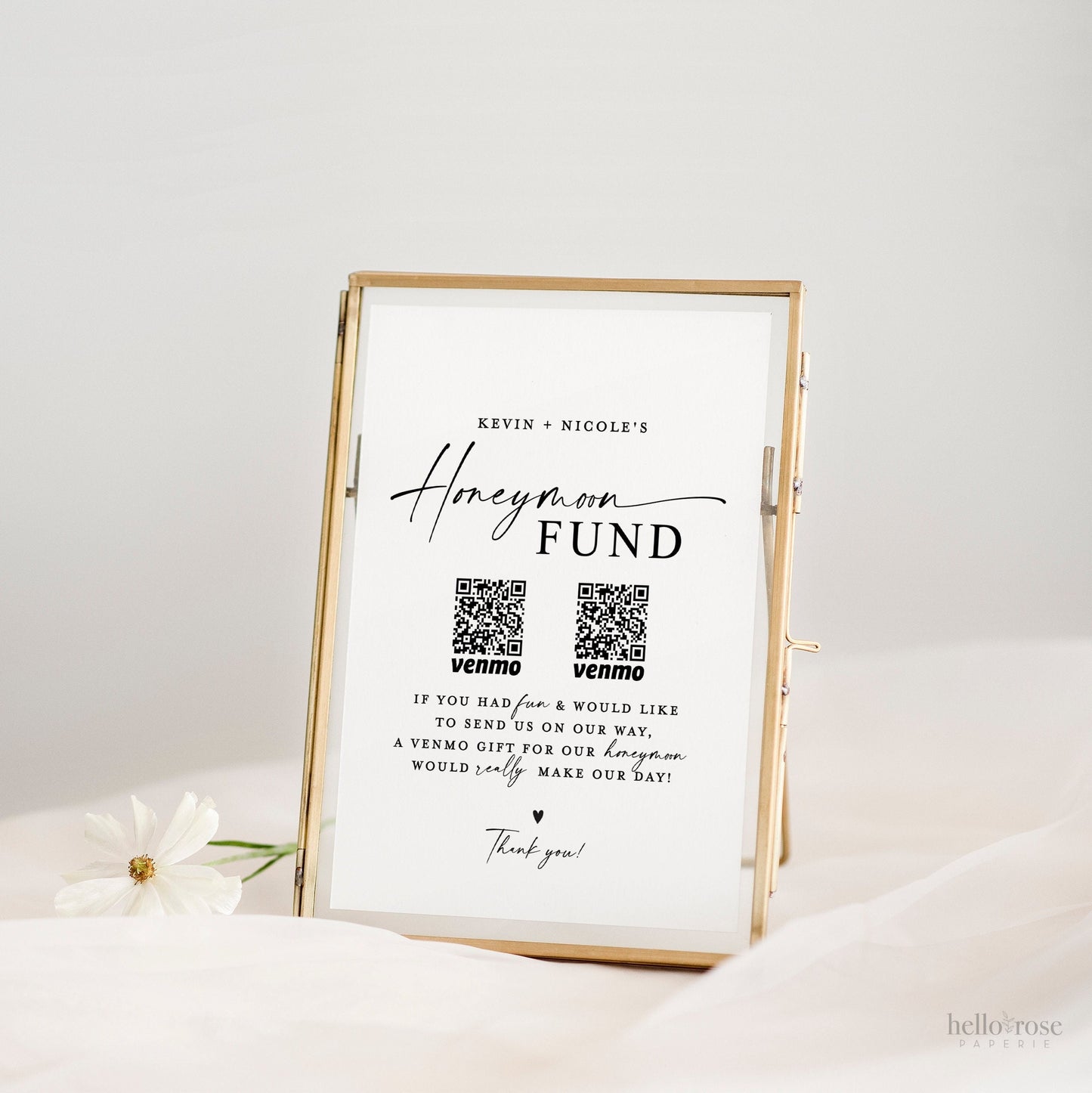 Honeymoon Fund Printable Template . Simple Modern Minimalist Wedding QR Code Gift Sign . Editable Instant Download Templett SM-T