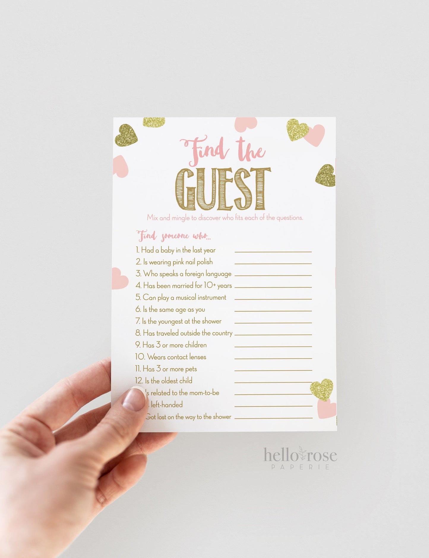 Find the Guest Baby Shower Game . Icebreaker Fun Game . Find Someone Who . PRINTABLE Instant Download . Pink and Gold Hearts Girl