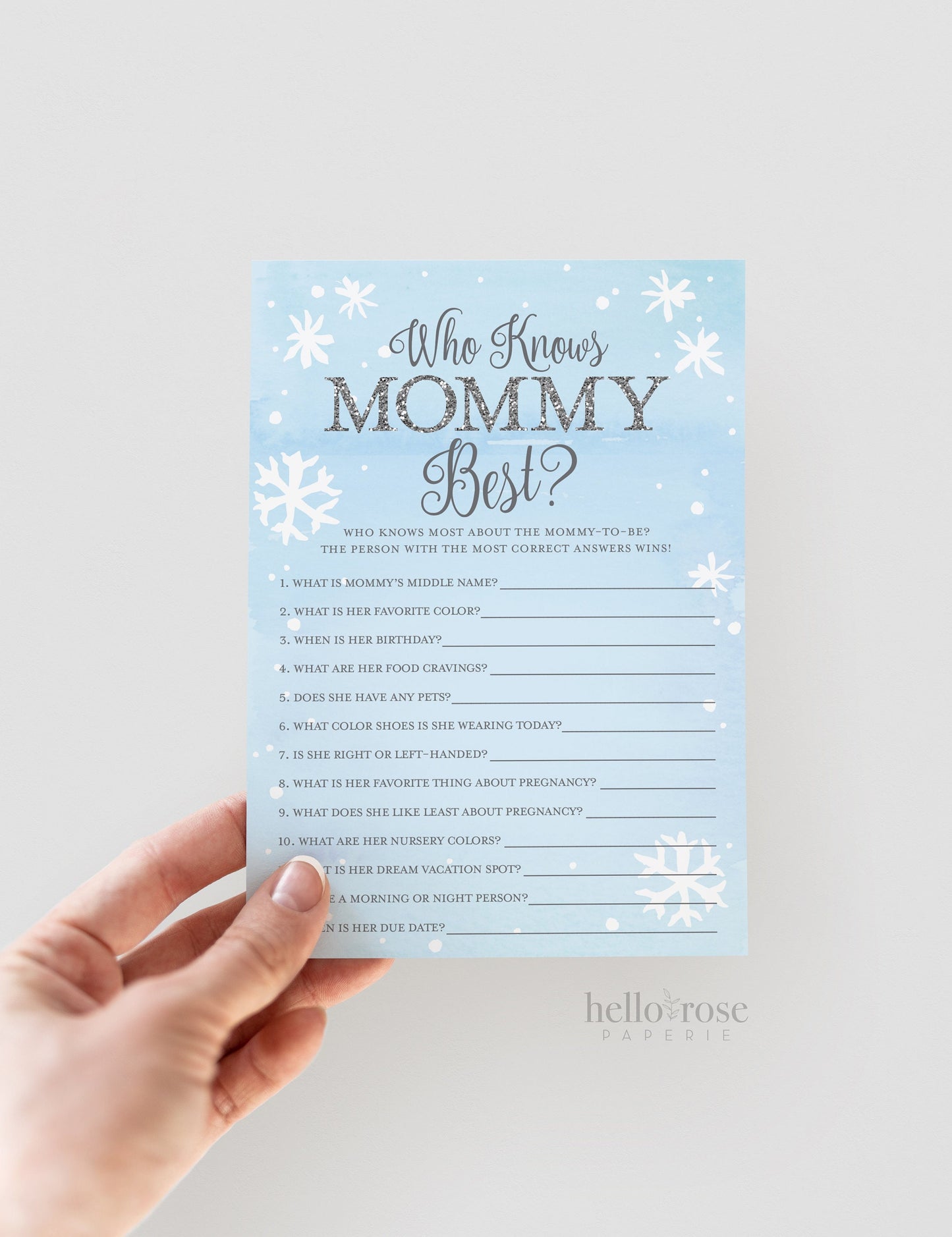 Who Knows Mommy Best Printable Baby Shower Game . Baby It's Cold Outside Boy . Winter Snowflakes Blue Silver . Printable Instant Download