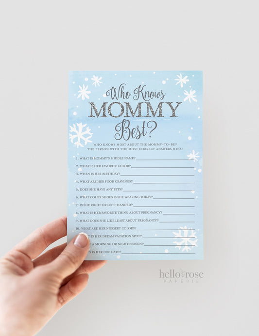 Who Knows Mommy Best Printable Baby Shower Game . Baby It's Cold Outside Boy . Winter Snowflakes Blue Silver . Printable Instant Download