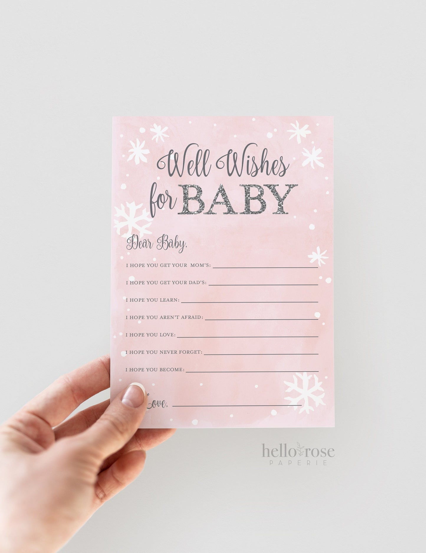 Well Wishes for Baby Card . Winter Girl Baby Shower . Baby Advice Card . Pink and Silver Snowflakes Wonderland . Printable Instant Download