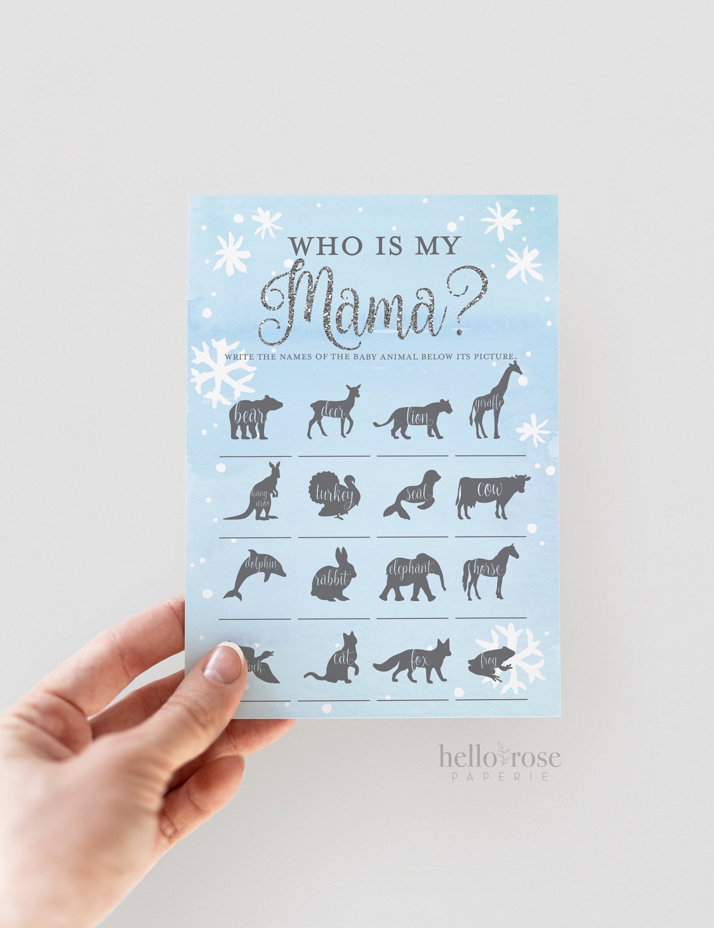 Who is My Mama . Guess My Mommy Baby Shower Game . Baby It's Cold Outside Boy . Blue Silver . Winter Snowflakes . Printable Instant Download