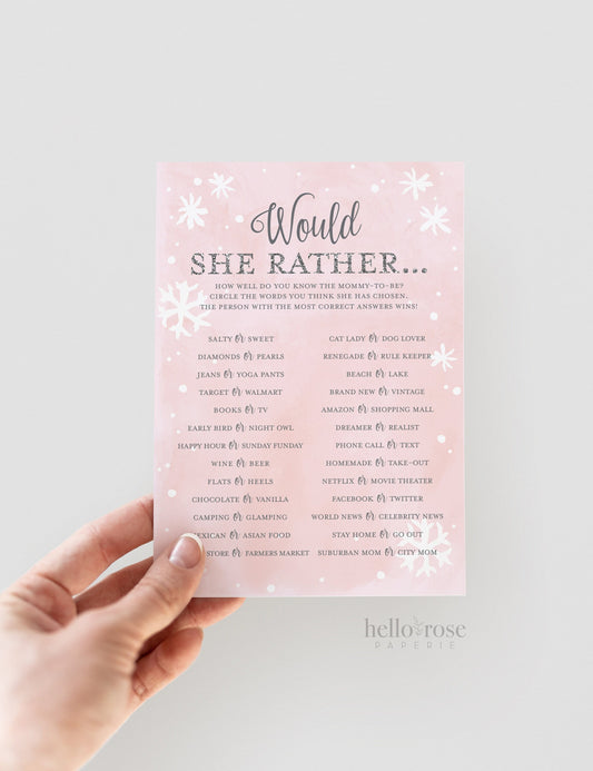 Would She Rather Baby Shower Game . Who Knows Mommy Best . Winter Girl . Pink and Silver Snowflakes Wonderland . Printable Instant Download