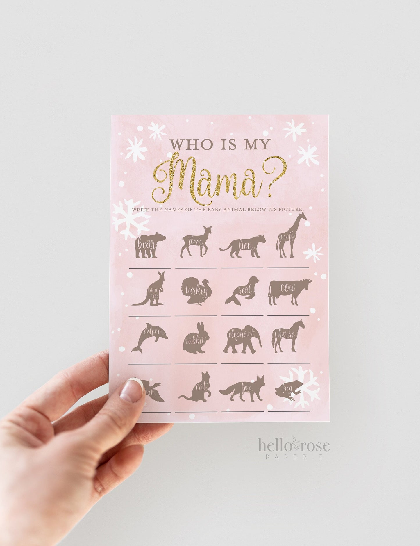 Who is My Mama Baby Shower Game. Winter Snowflakes . Girl Baby Shower . Baby its Cold Outside . Pink and Gold Glitter . Printable Download