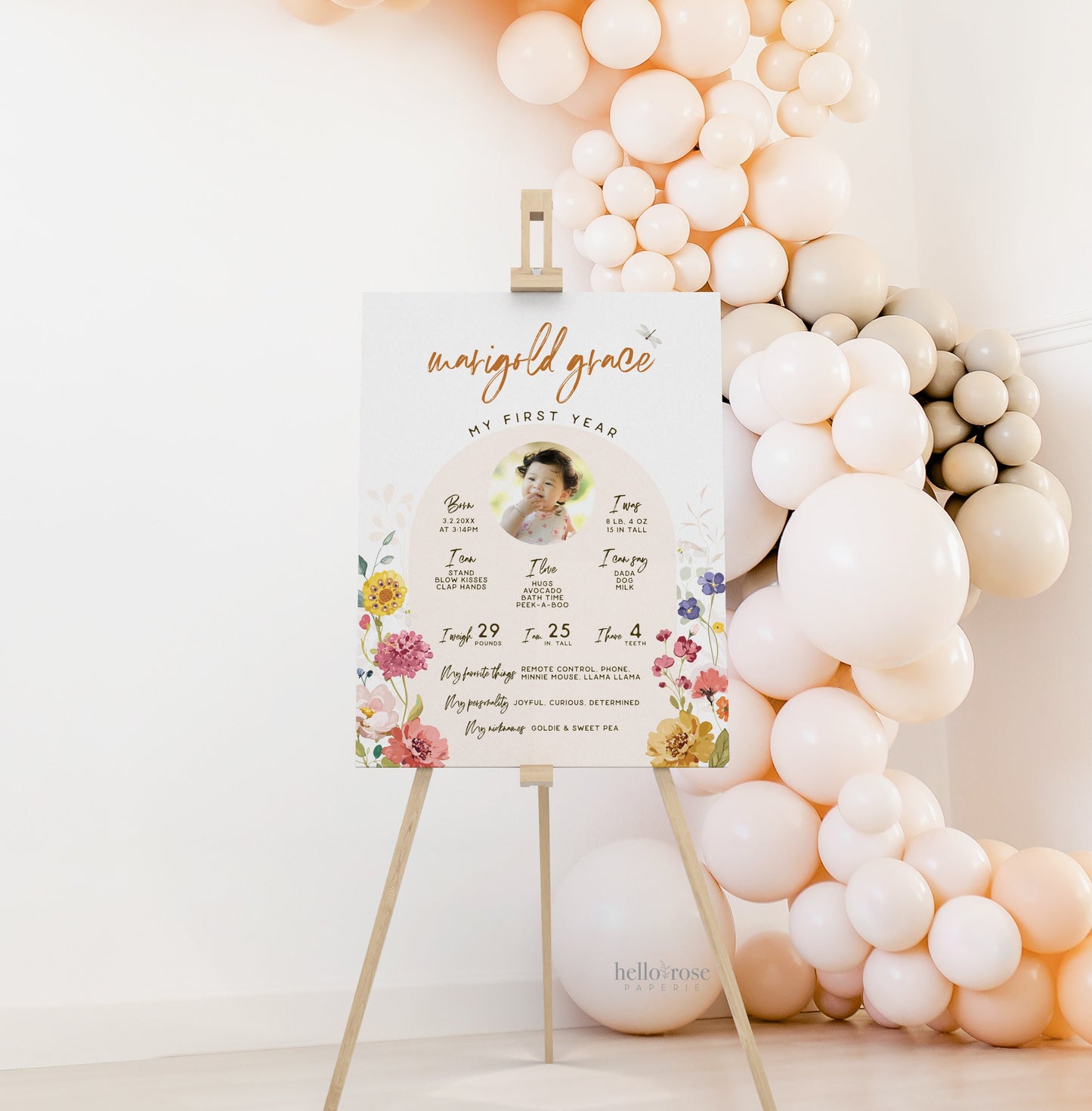 First Birthday Milestone Sign with Photo Template . Wildflowers . PRINTABLE Editable Poster . Instant Download Templett