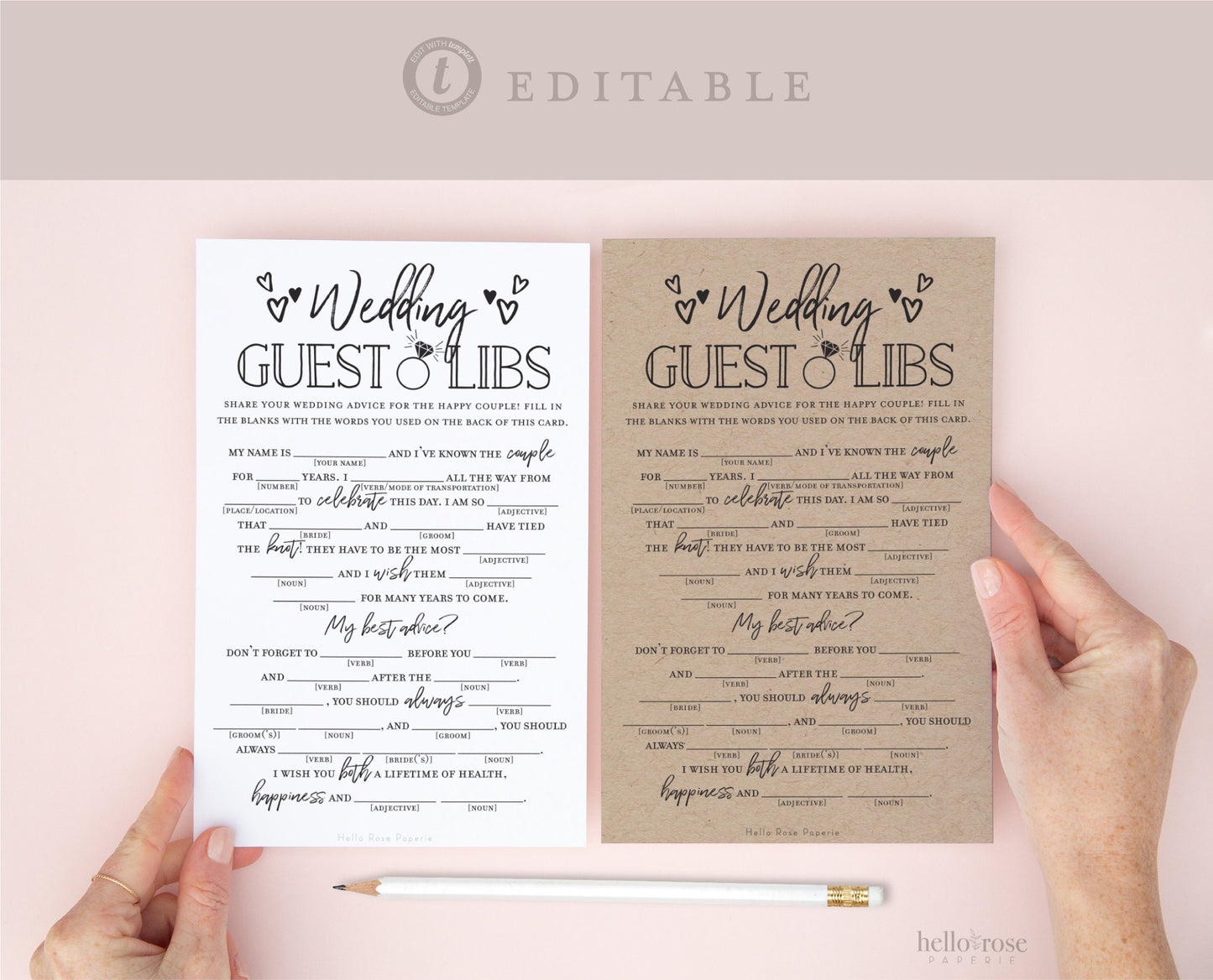 Wedding Guest Libs Printable Game . Engagement Party Wedding Advice Mad Libs. Kraft + Minimalist . Editable Template Download Templett K3-T