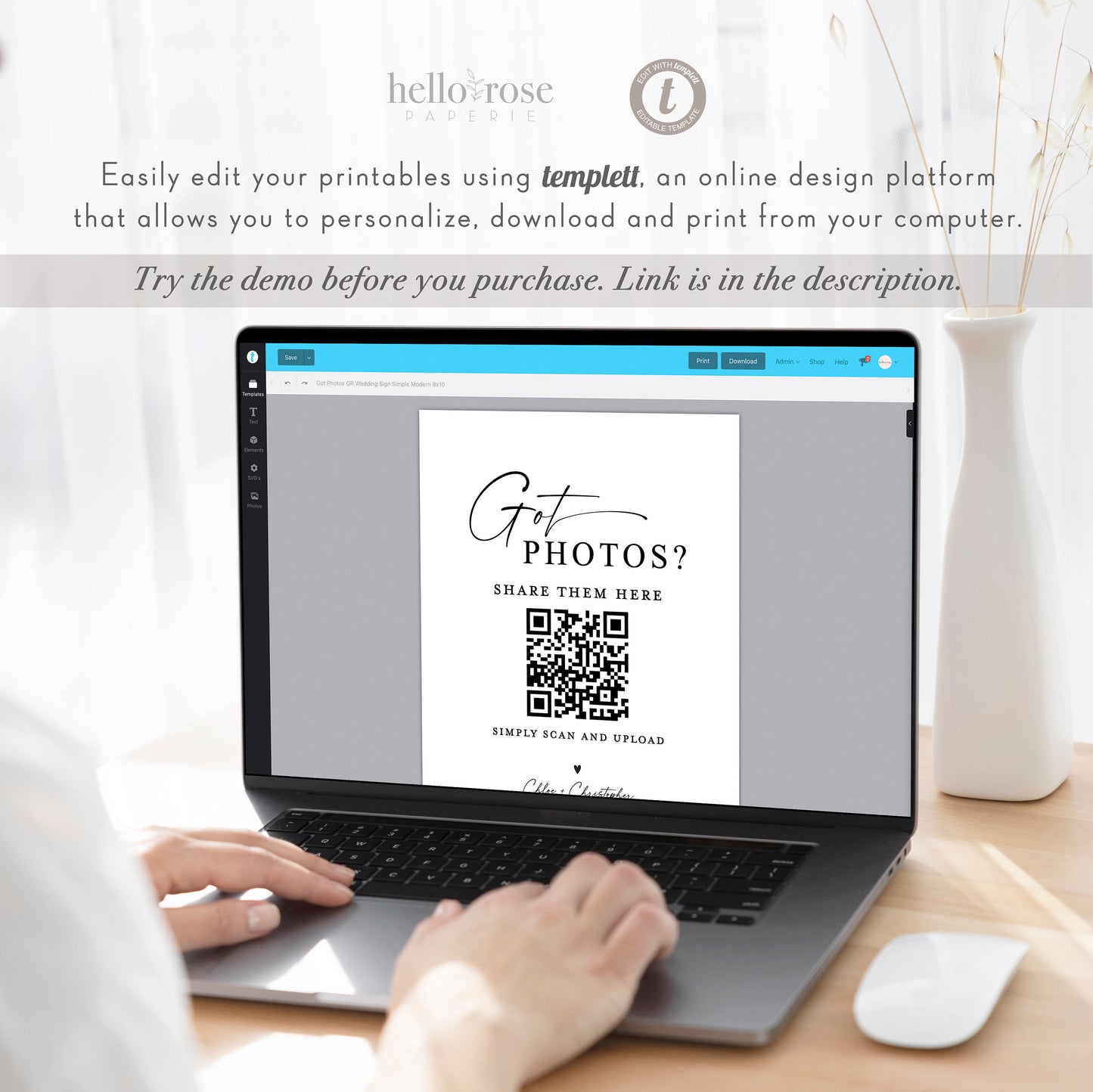 Got Photos? Wedding Reception QR Code Sign . Share the Love Photos Printable Template . Greenery and Gold . Instant Download Templett G2-T