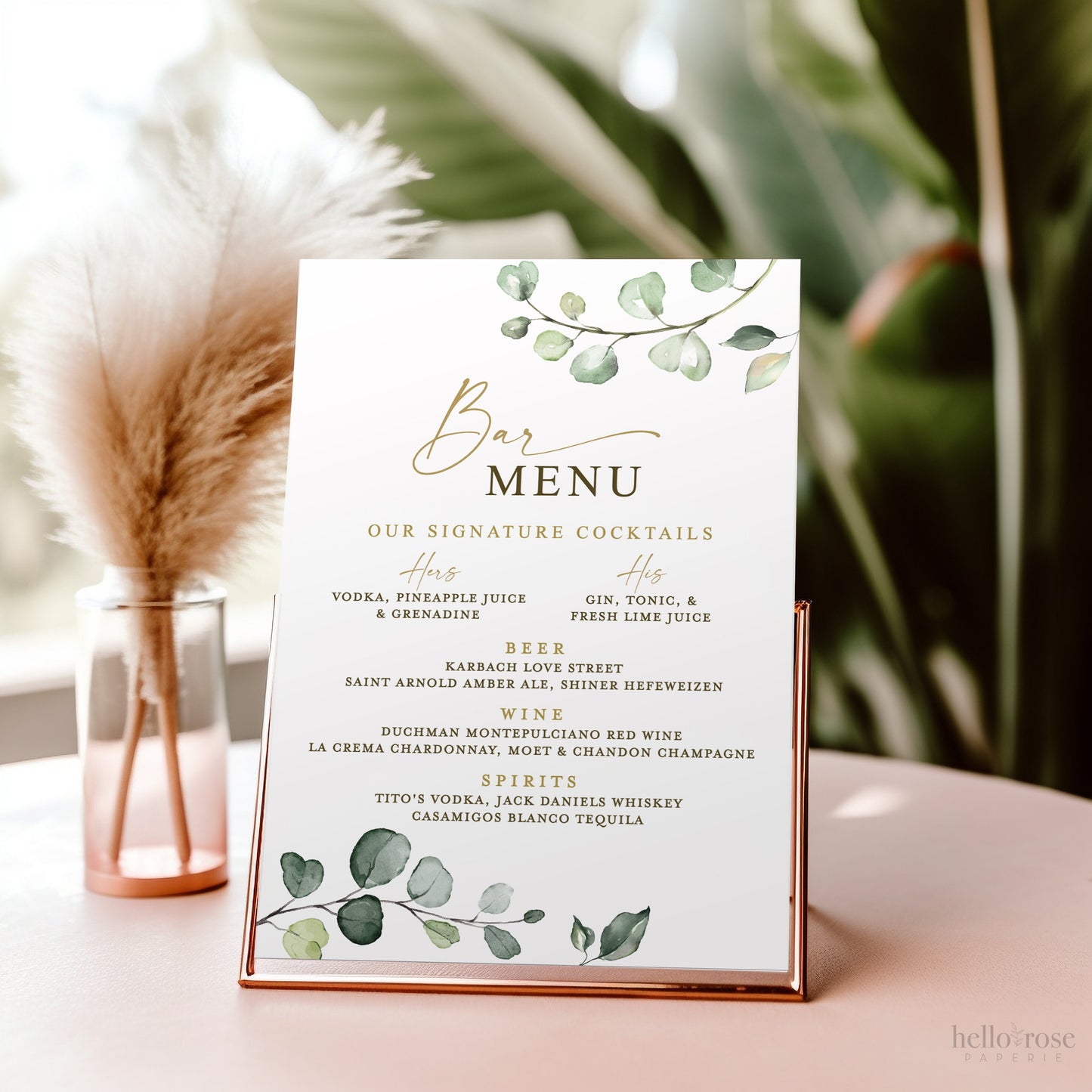 Wedding Bar Menu Sign . Greenery + Gold . Wedding Engagement Bridal Baby Shower Bachelorette Party . Template Instant Download Templett G2-T