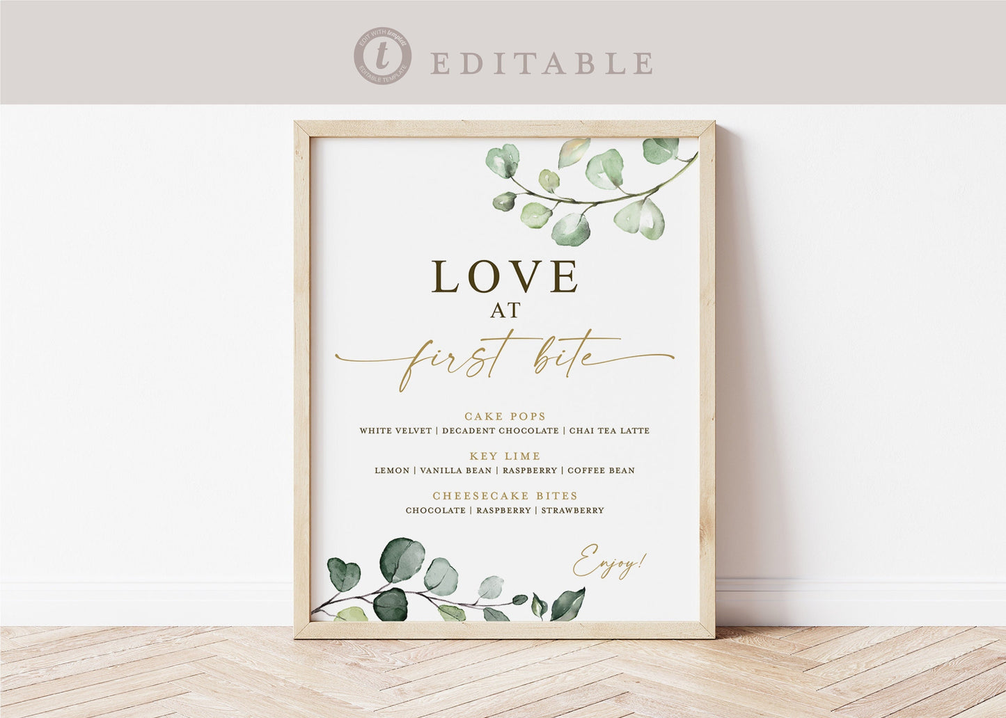 Love at First Bite Menu Sign . Greenery + Gold . Wedding Engagement Rehearsal Bridal Shower . Template Instant Download Templett G2-T