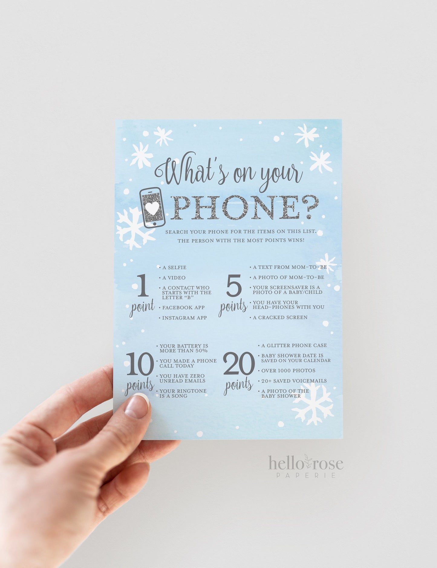 What's on Your Phone Baby Shower Game . Baby It's Cold Outside Boy . Winter Snowflakes Blue and Silver . Printable Instant Download