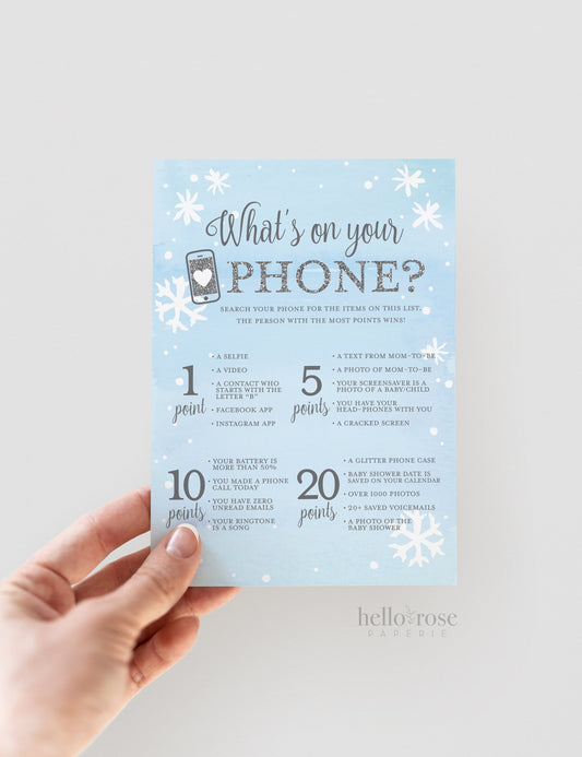 What's on Your Phone Baby Shower Game . Baby It's Cold Outside Boy . Winter Snowflakes Blue and Silver . Printable Instant Download