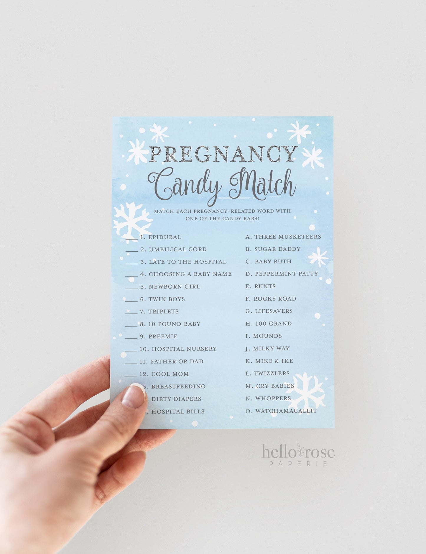 Pregnancy Candy Match . Baby Shower Game . Baby It's Cold Outside Boy . Blue Silver . Winter Snowflakes . Printable Instant Download