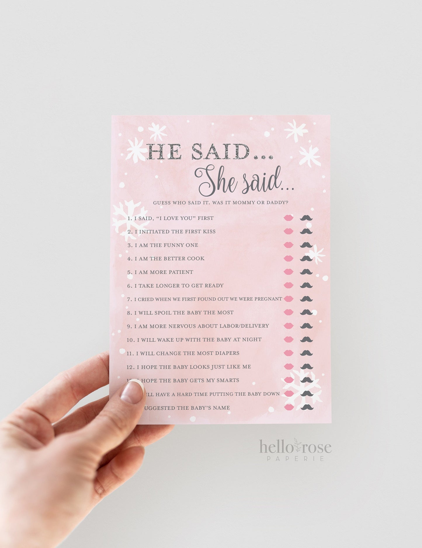 He Said She Said Baby Shower Game . Winter Snowflakes . Pink and Silver . Baby It's Cold Outside . Printable Instant Download