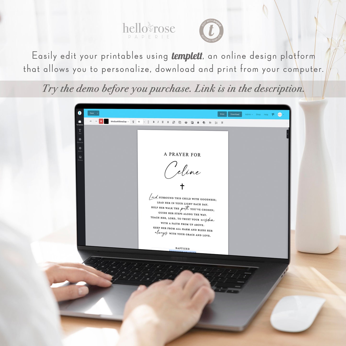 A Prayer for Child Baptism Personalized . Christening Religious Christian . Greenery . PRINTABLE Editable Template Download Templett SM-T