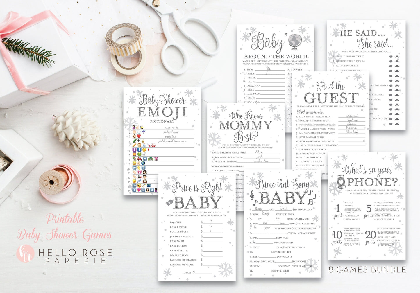Winter Baby Shower Games Set . 8 Printable Games Bundle . White Silver Winter Wonderland Snowflakes Baby its Cold Outside . Instant Download